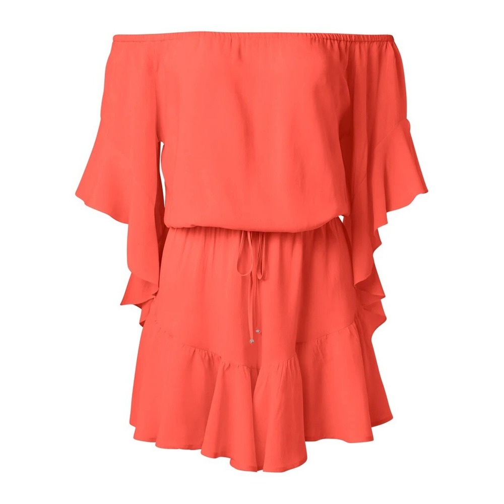 Venus Flirty Romper Swim Coverup Coral Orange Off Shoulder Ruffle Shorts Sz M